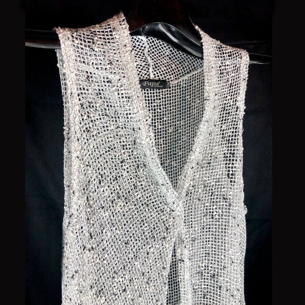 Papa Vancouver white/grey 100% cotton mesh cardigan hem frill and rise 2 pockets - Picture 4 of 8